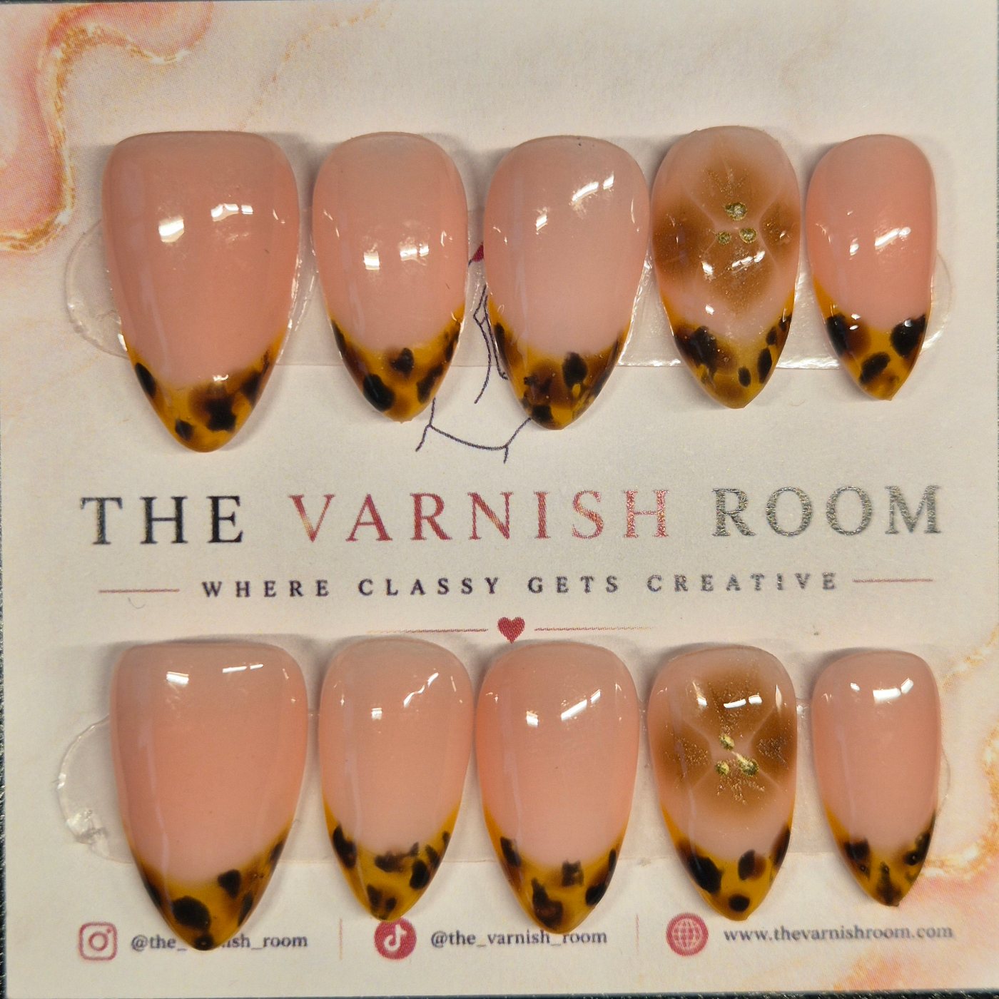Tortie French Bloom — hand-painted press-on nail set by The Varnish Room