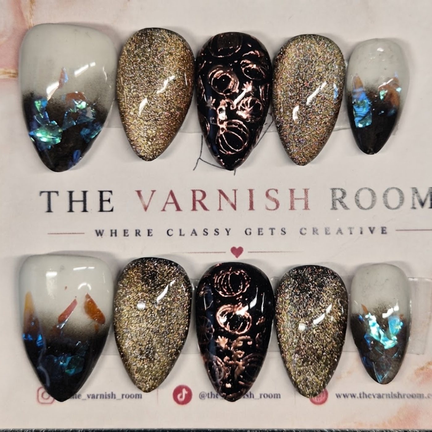 Goth-chic & Pumpkin — hand-painted press-on nail set by The Varnish Room