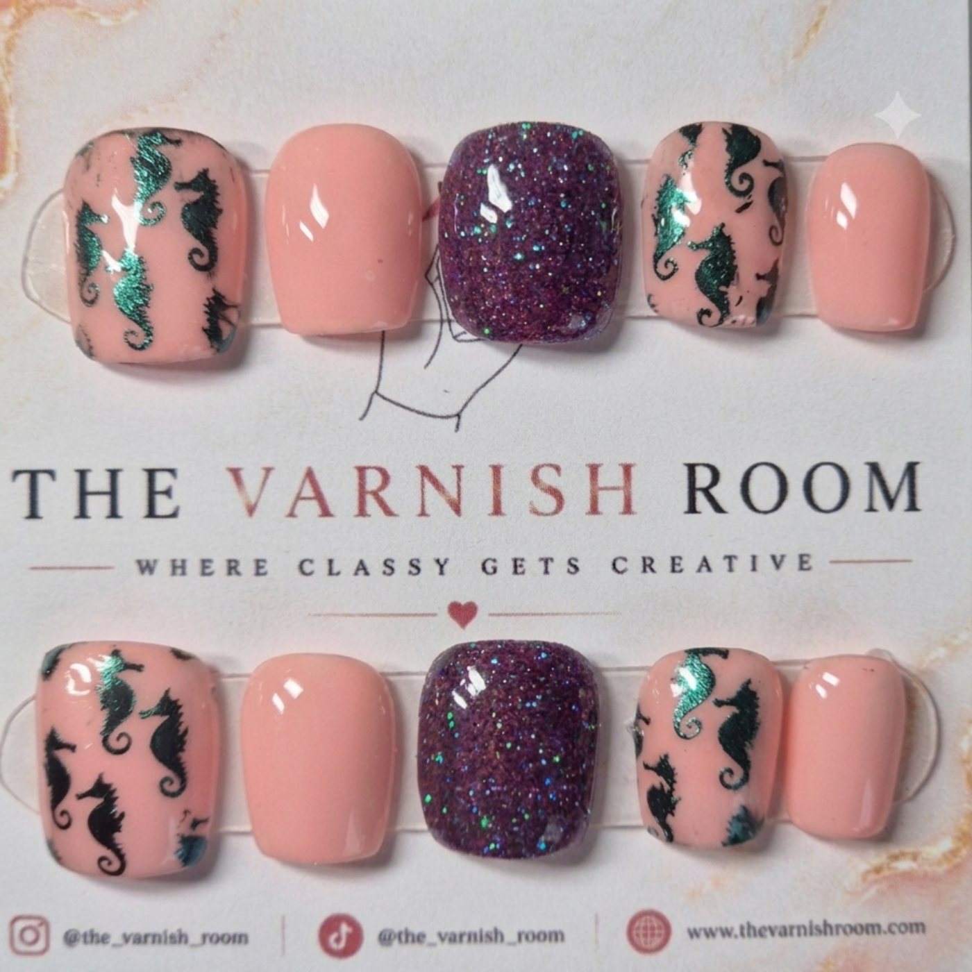 Ocean Seahorse — hand-painted press-on nail set by The Varnish Room