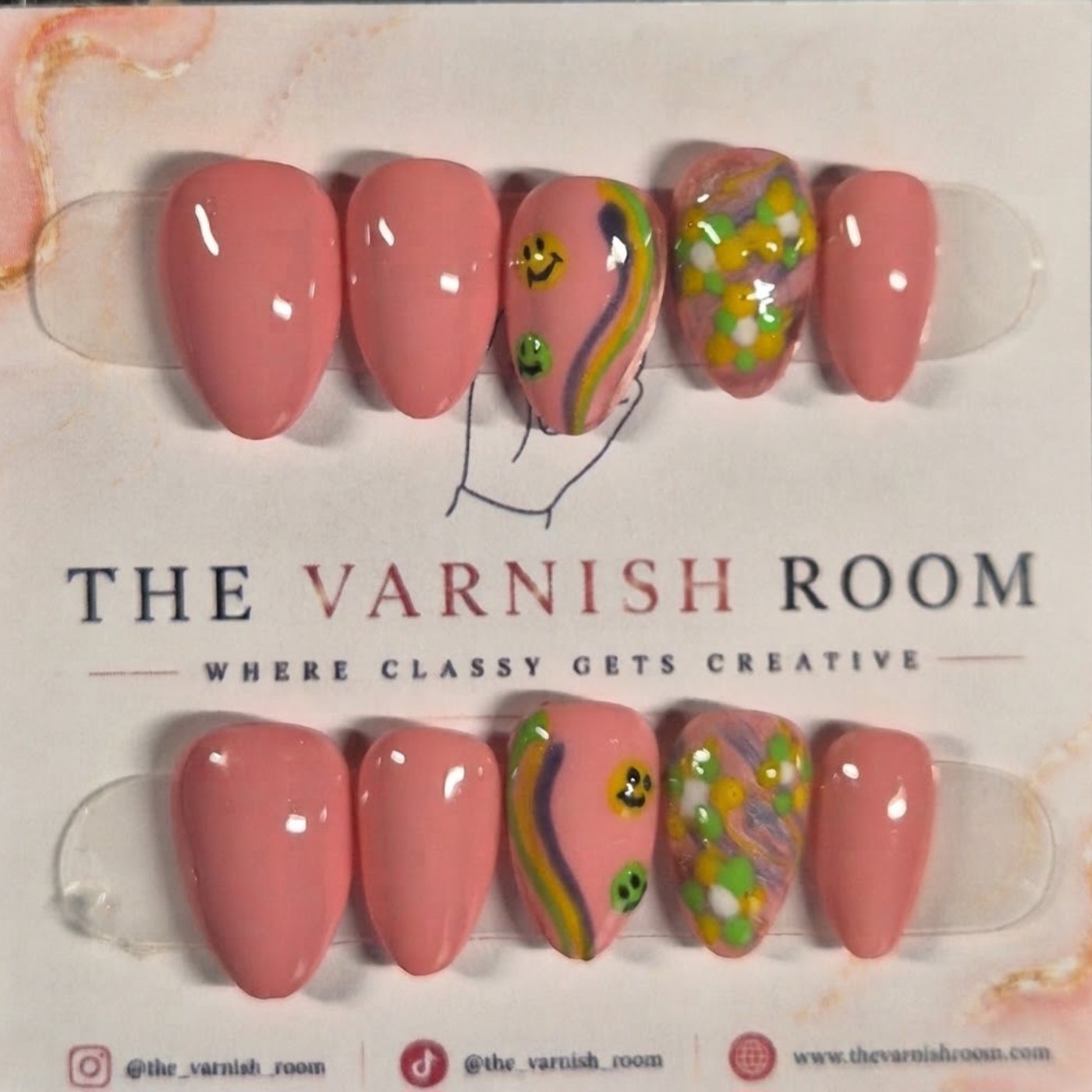 Retro Smiley — hand-painted press-on nail set by The Varnish Room
