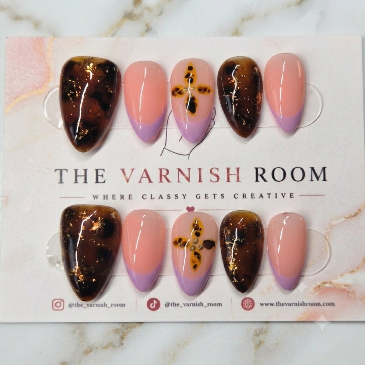Tortie & Lilac French Accent — hand-painted press-on nail set by The Varnish Room