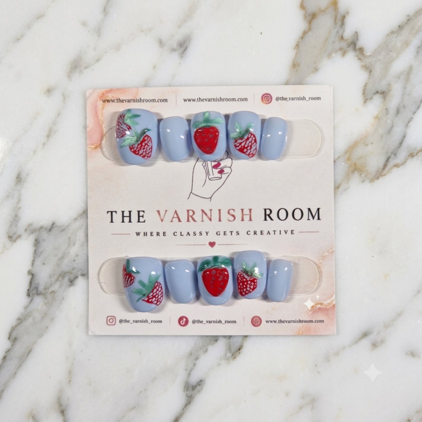 Berry Sweet Strawberry — hand-painted press-on nail set by The Varnish Room