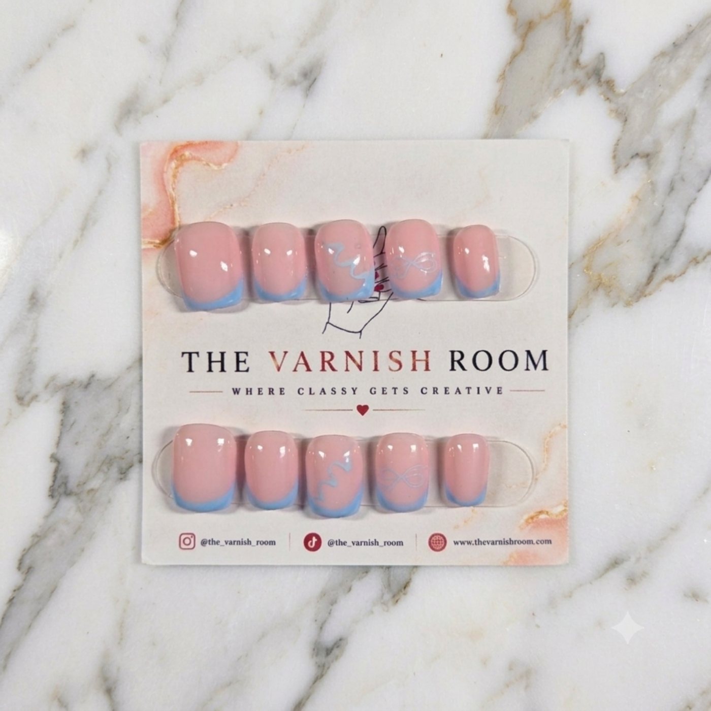Pale Blue Bow French Tips — hand-painted press-on nail set by The Varnish Room