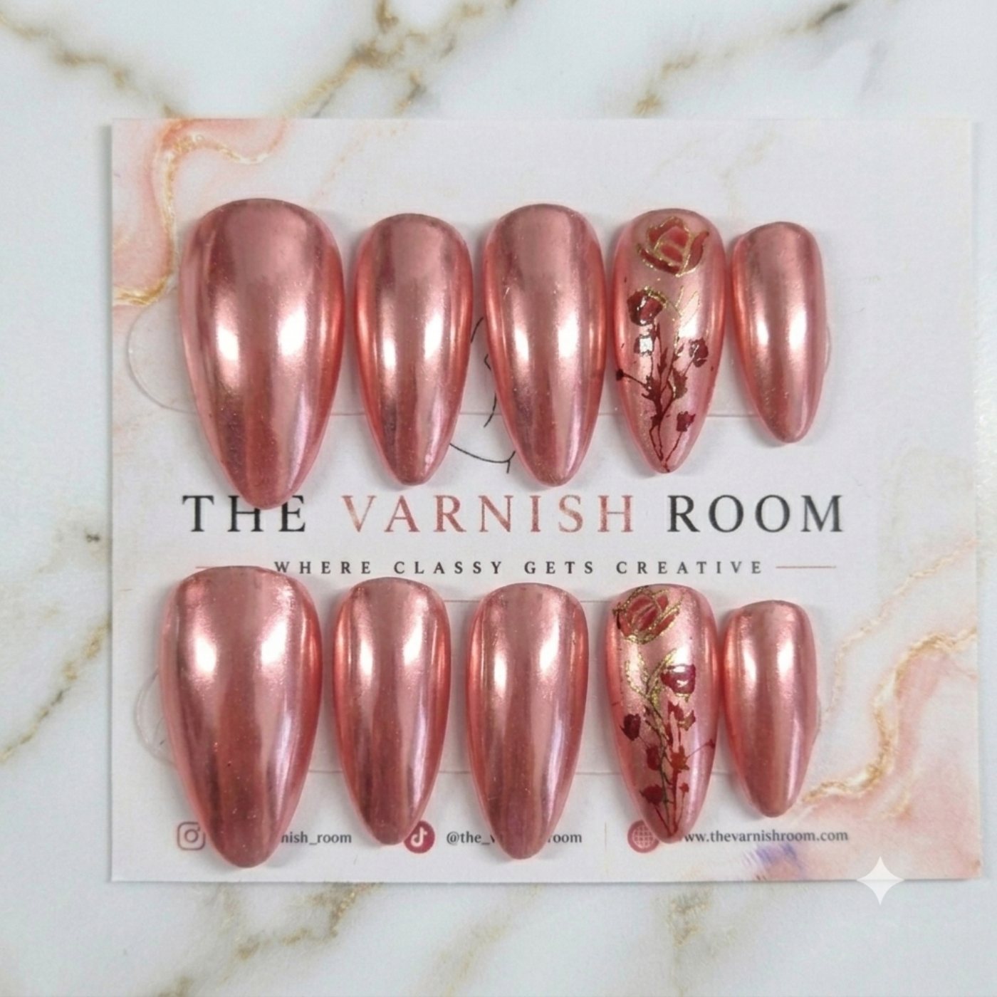 Rose Gold Elegance — hand-painted press-on nail set by The Varnish Room