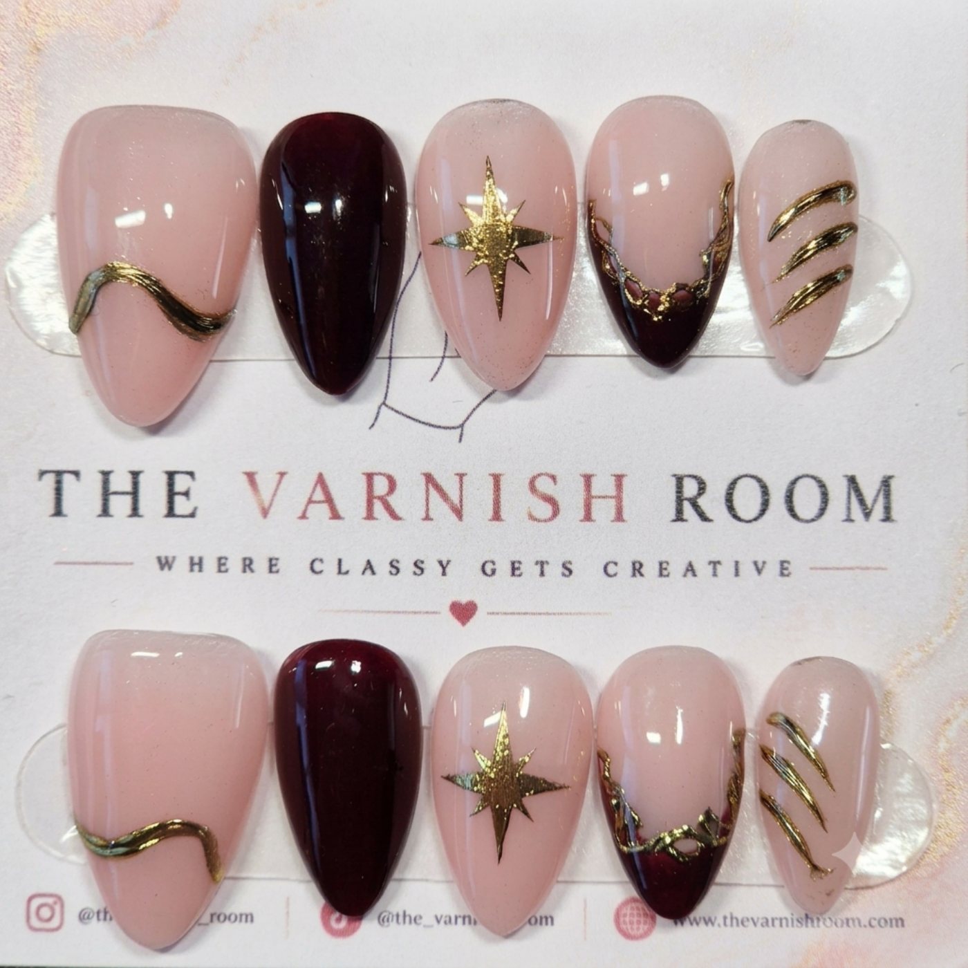 Burgundy & Blush Celestial — hand-painted press-on nail set by The Varnish Room