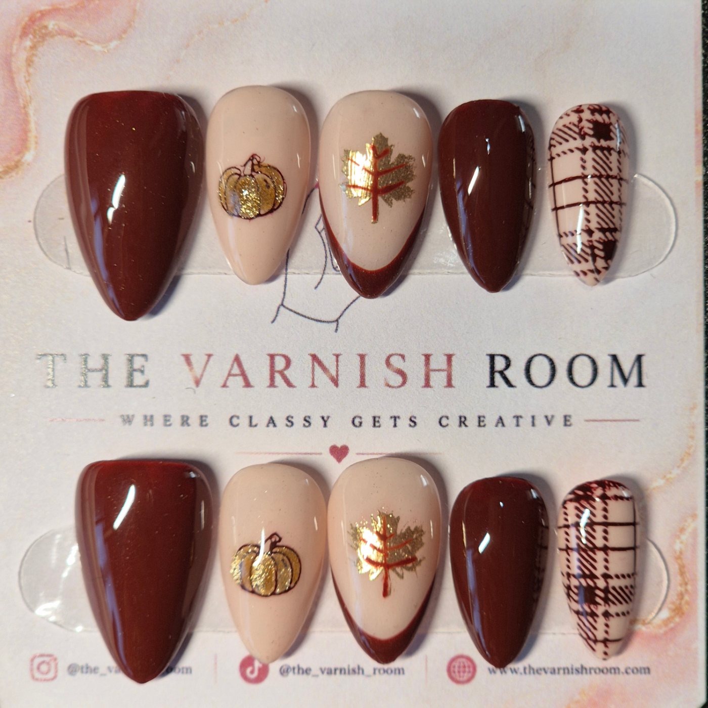 Cozy Plaid & Gold Leaf — hand-painted press-on nail set by The Varnish Room
