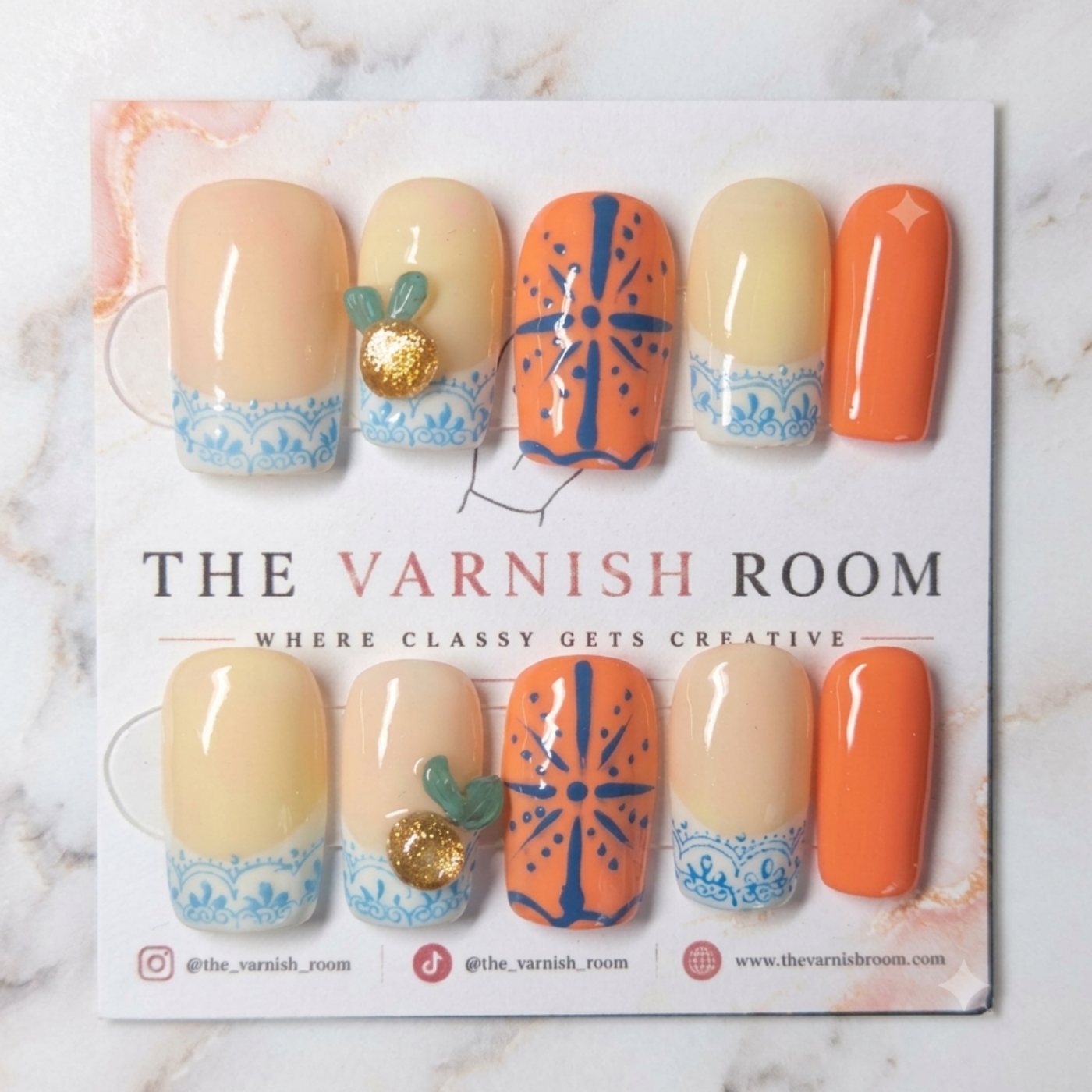 Citrus & Lace — hand-painted press-on nail set by The Varnish Room
